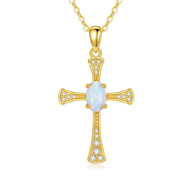 14K Gold Cubic Zirconia & Opal Cross Pendant Necklace-0