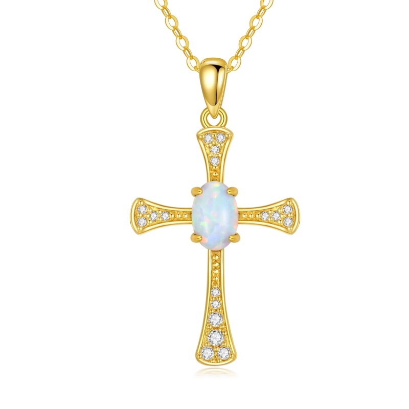 14K Gold Cubic Zirconia & Opal Cross Pendant Necklace