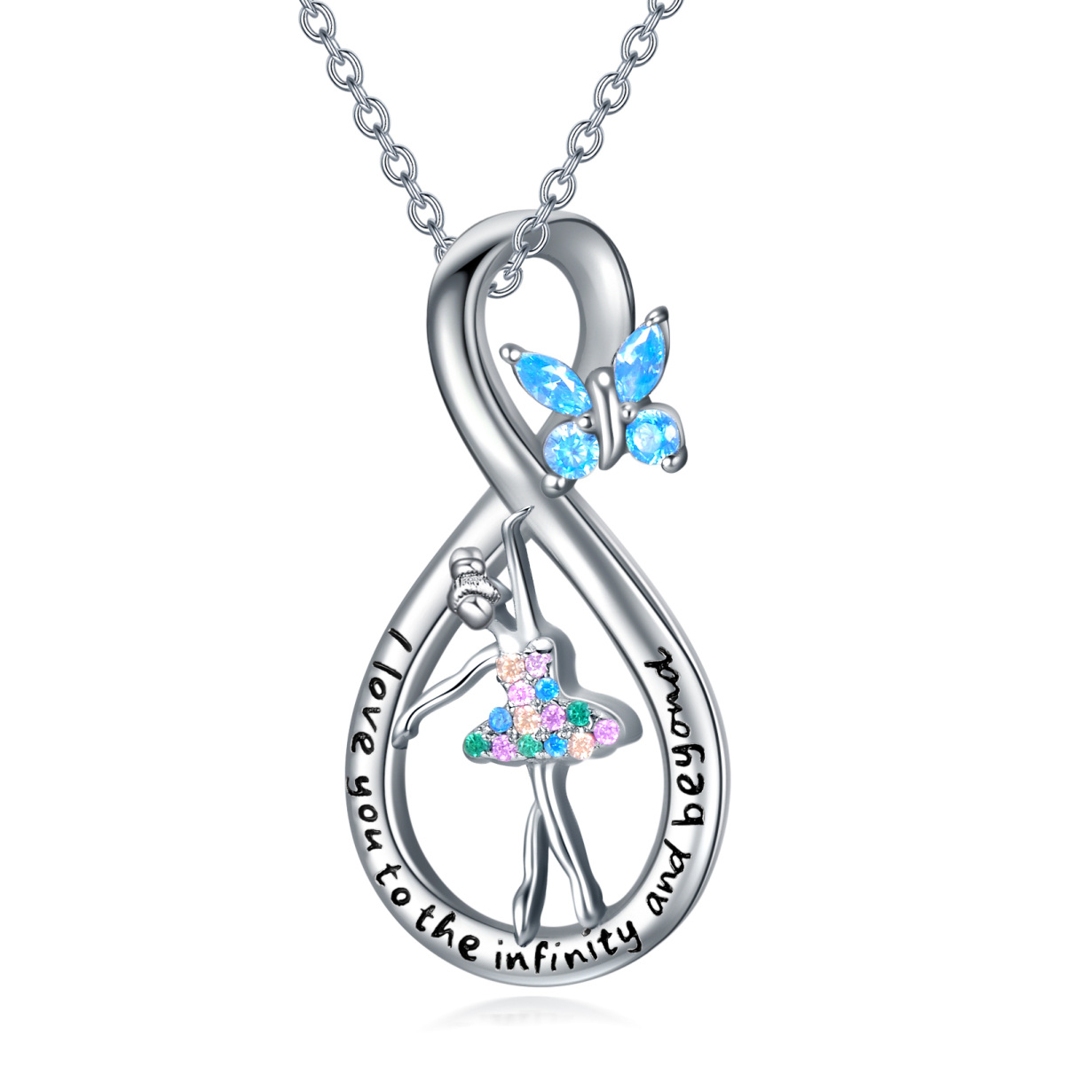 Sterling Silver Cubic Zirconia Butterfly & Ballet Dancer Pendant Necklace-1