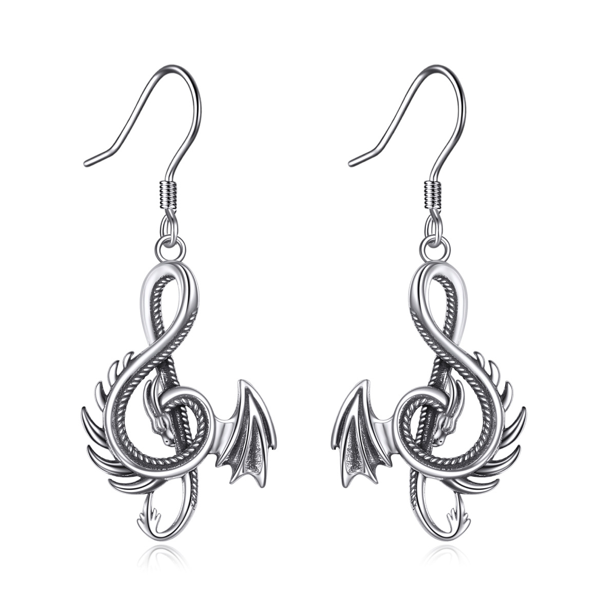 Sterling Silver Dragon & Music Symbol Drop Earrings-1