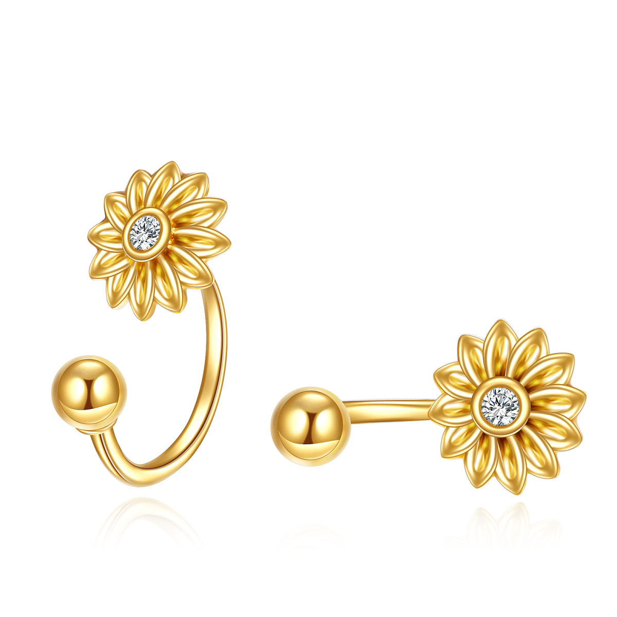 14K Gold Circular Shaped Cubic Zirconia Sunflower Stud Earrings-1