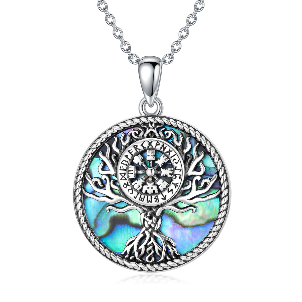 Sterling Silver Circular Shaped Abalone Shellfish Tree Of Life & Viking Rune Pendant Necklace-1