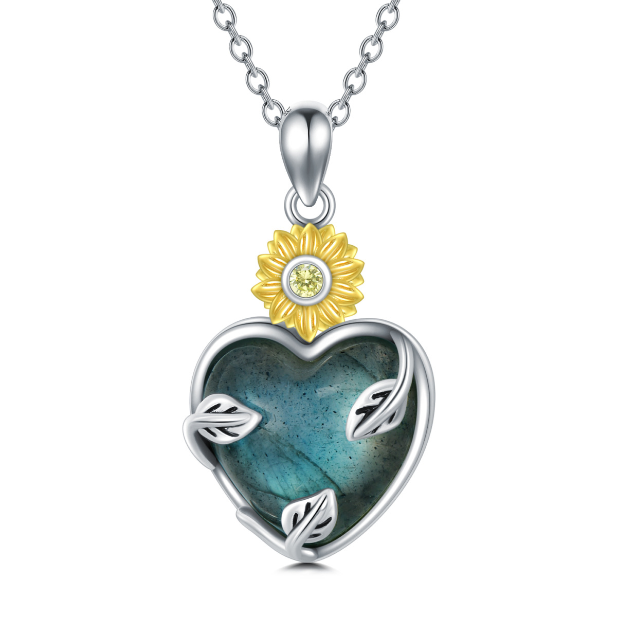 Sterling Silver Two-tone Circular Shaped & Heart Shaped Cubic Zirconia & Lablagite Sunflower Pendant Necklace-1