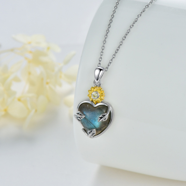 Sterling Silver Two-tone Circular Shaped & Heart Shaped Cubic Zirconia & Lablagite Sunflower Pendant Necklace-2