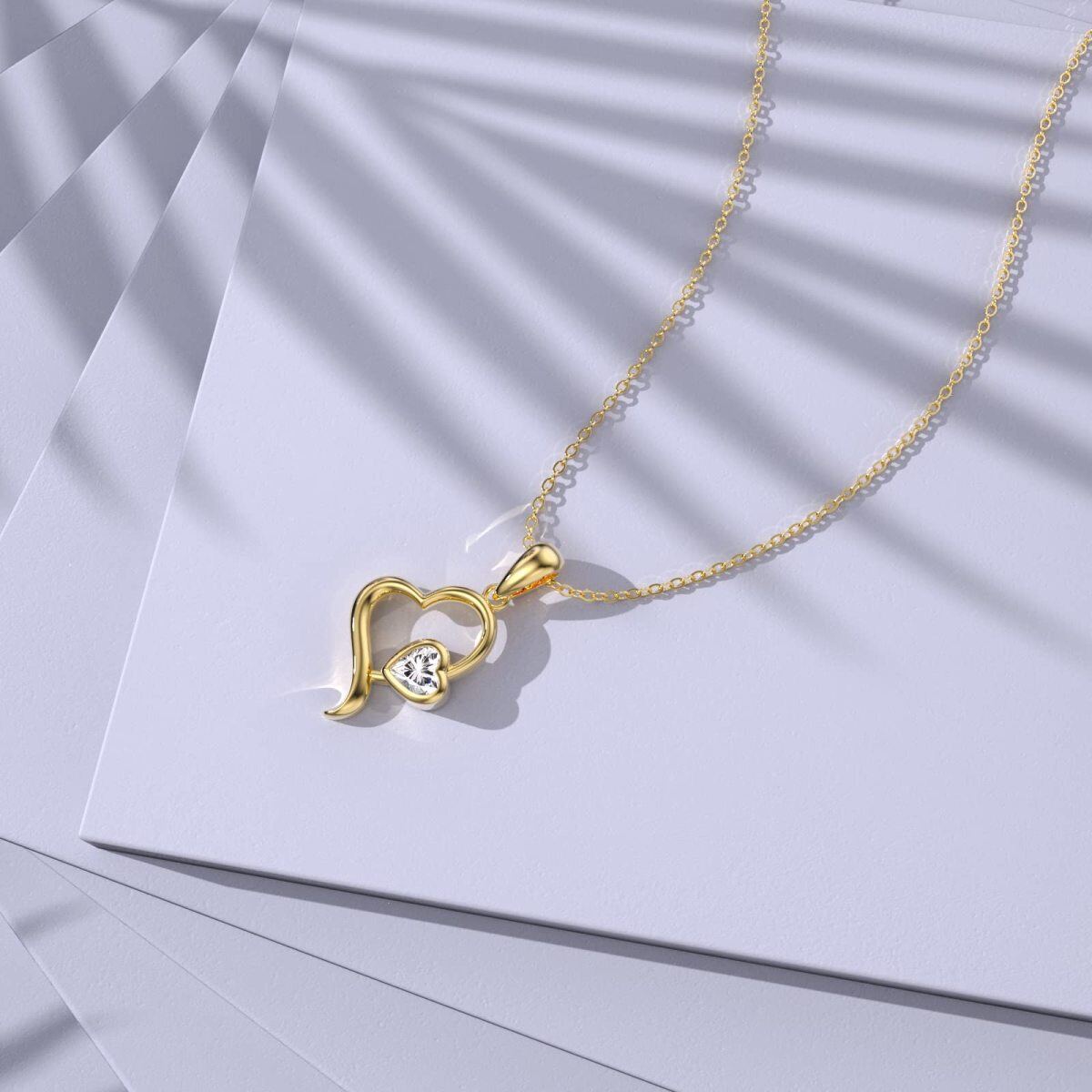 10K Gold Zircon Heart Pendant Necklace-5