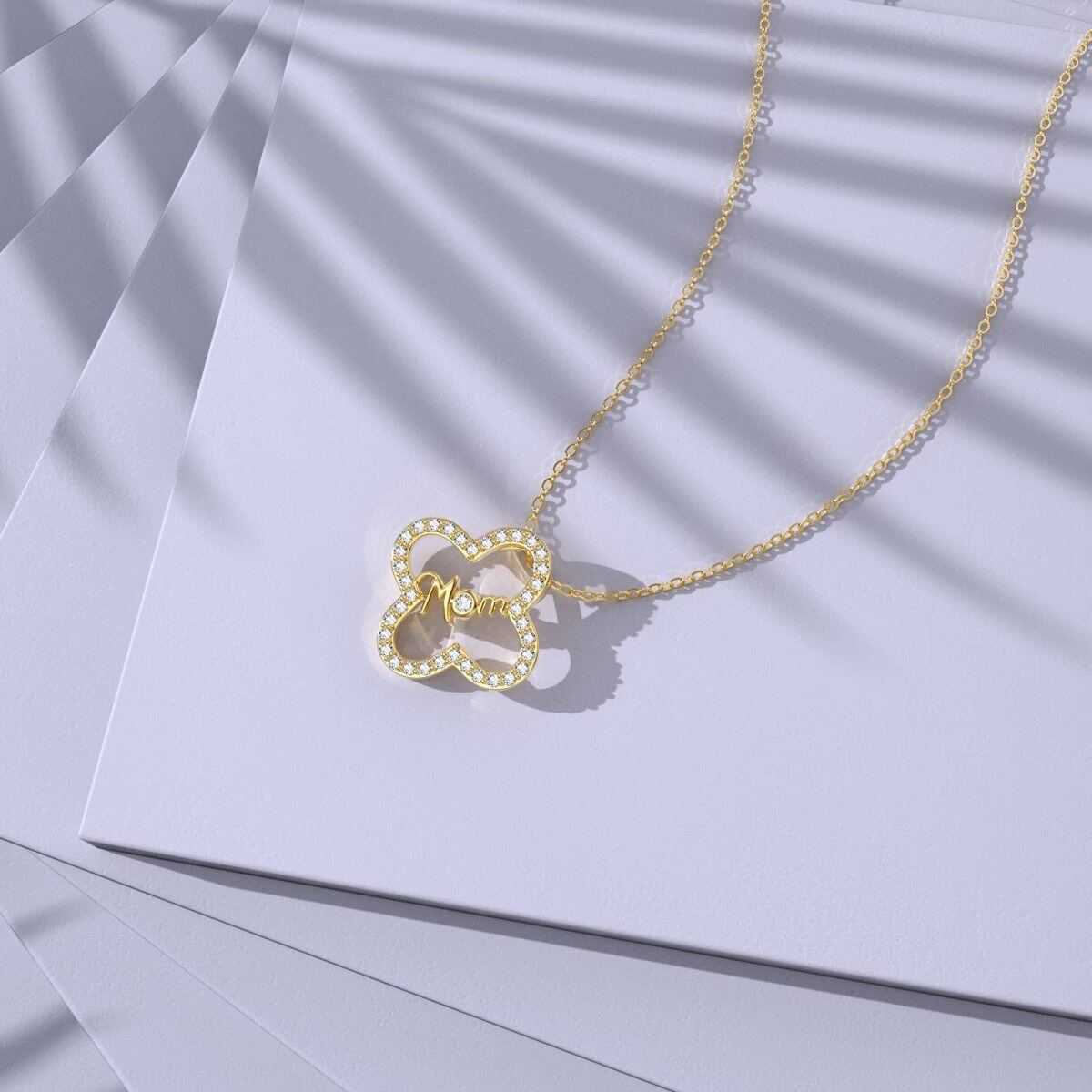 10K Gold Zircon Four-leaf Clover Pendant Necklace-6