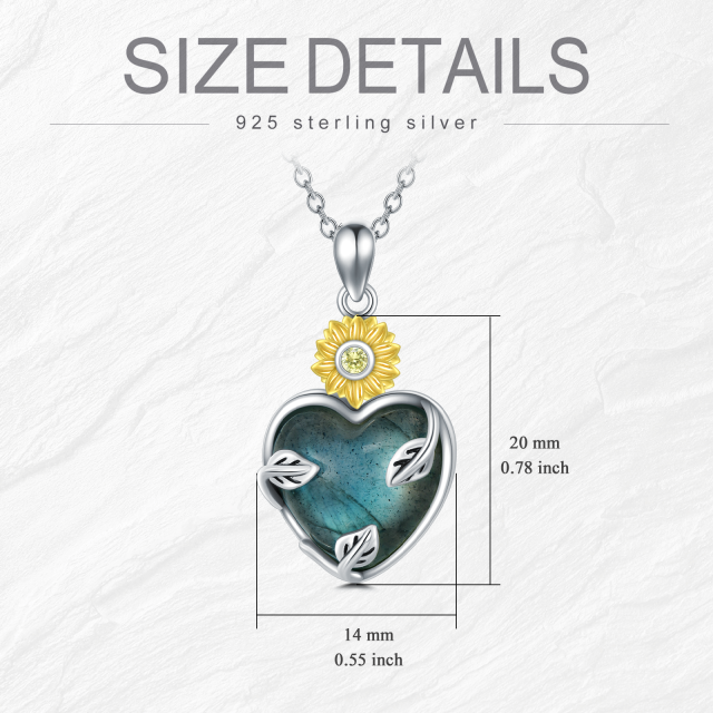 Sterling Silver Two-tone Circular Shaped & Heart Shaped Cubic Zirconia & Lablagite Sunflower Pendant Necklace-4
