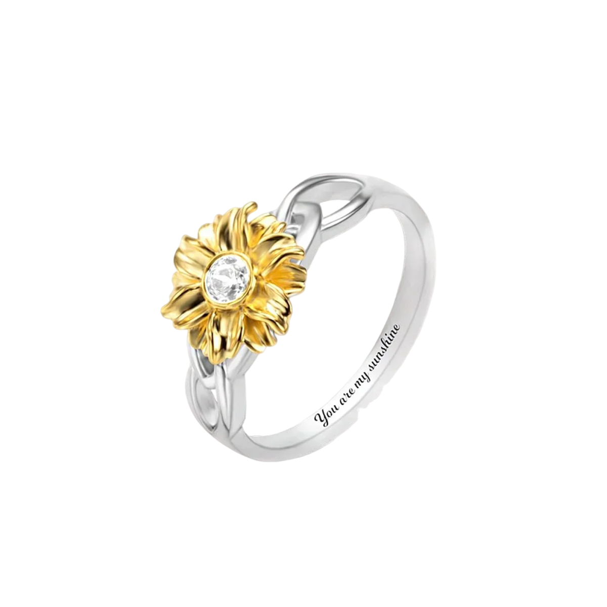 Plata de ley de dos tonos Girasol Circular en forma de Circonita Cúbica Anillo de Piedra de Nacimiento Personalizado Grabado-1