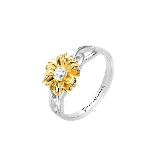 Sterling Silver Two-tone Sunflower Circular Shaped Cubic Zirconia Personalized Engraving Birthstone Ring