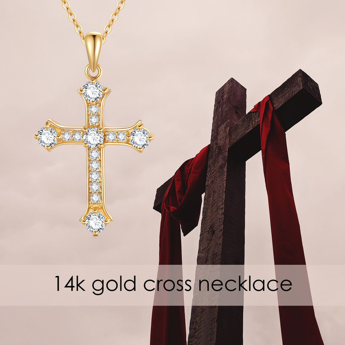 14K Gold Runde Cubic Zirkonia Kreuz Anhänger Halskette-6