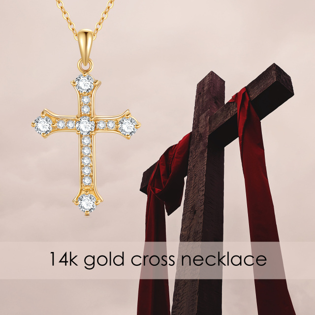 14K Oro Cúbico Redondo Zirconia Cruz Colgante Collar-5