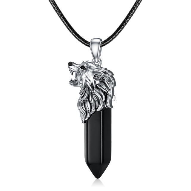 Sterling Silver Wolf Crystal Pendant Necklace-0