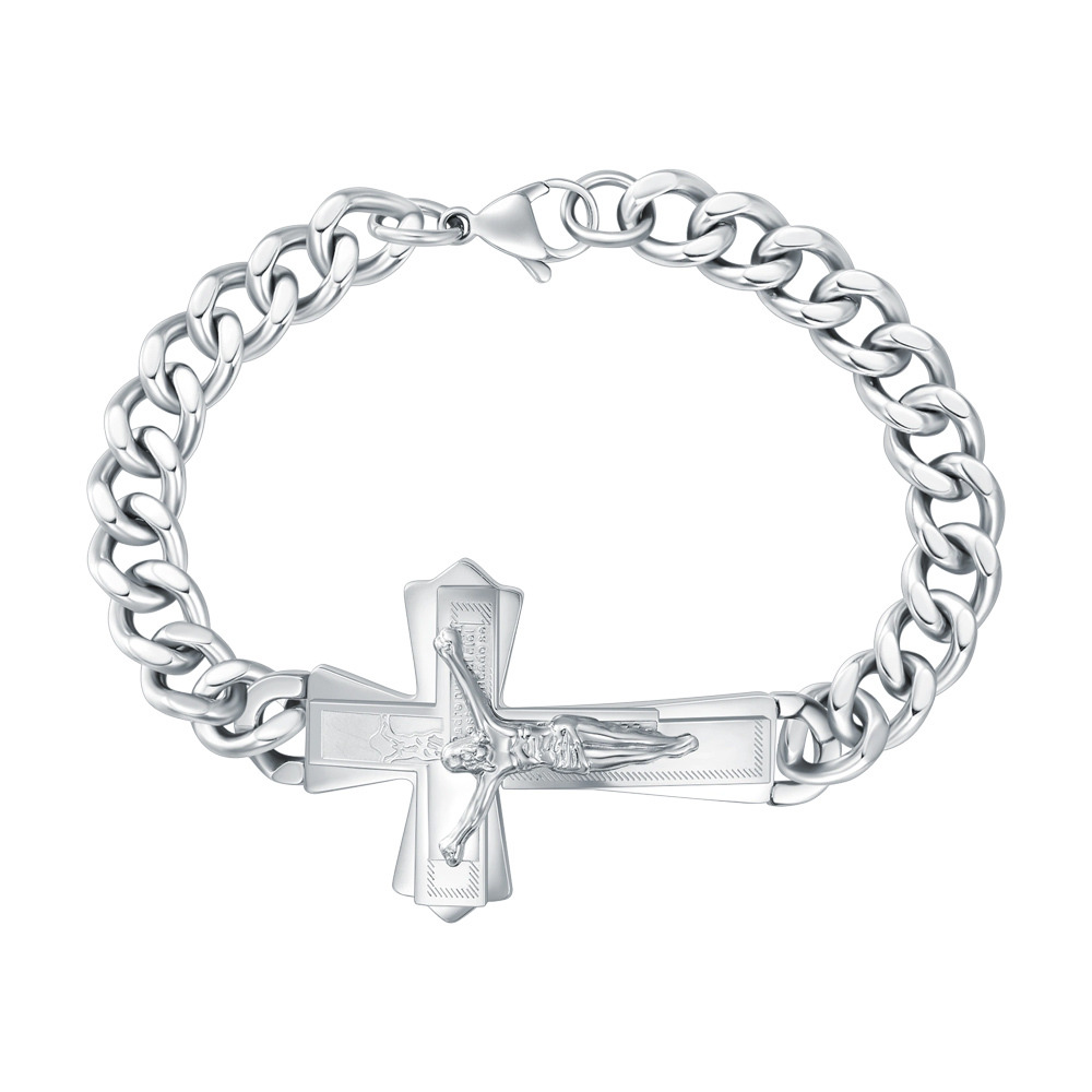 Bracelet en acier inoxydable avec pendentif croix Jésus plaqué or blanc pour homme-1