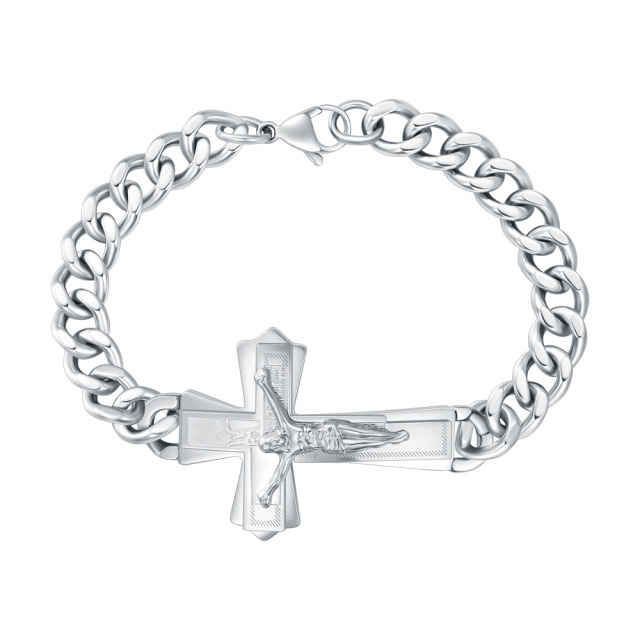 Stainless Steel with White Gold Plated Cross & Jesus Pendant Bracelet for Men-0