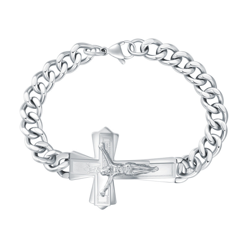 Stainless Steel with White Gold Plated Cross & Jesus Pendant Bracelet for Men
