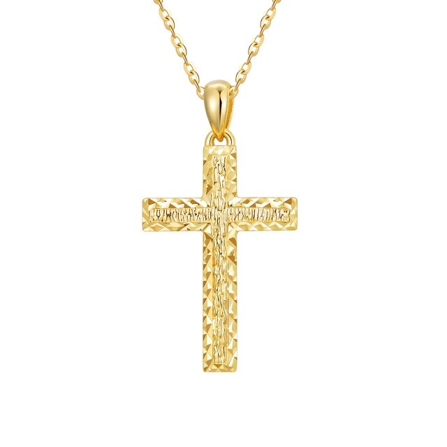 14K Gold Diamond Cut Cross Pendant Necklace-0