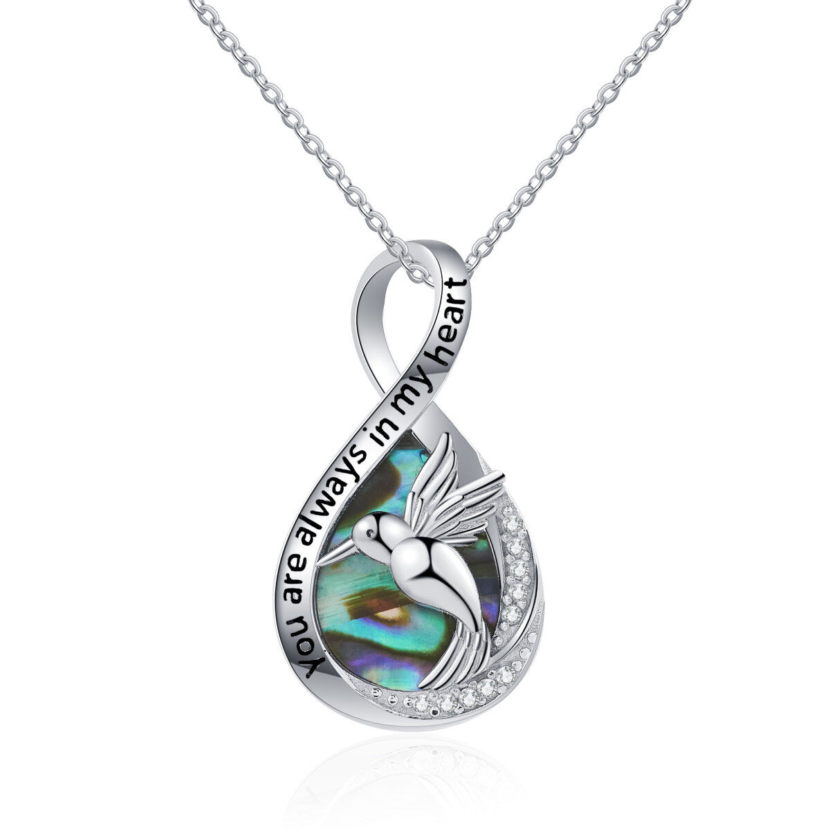 Sterling Silver Abalone Shellfish Hummingbird & Infinity Symbol Pendant Necklace-1