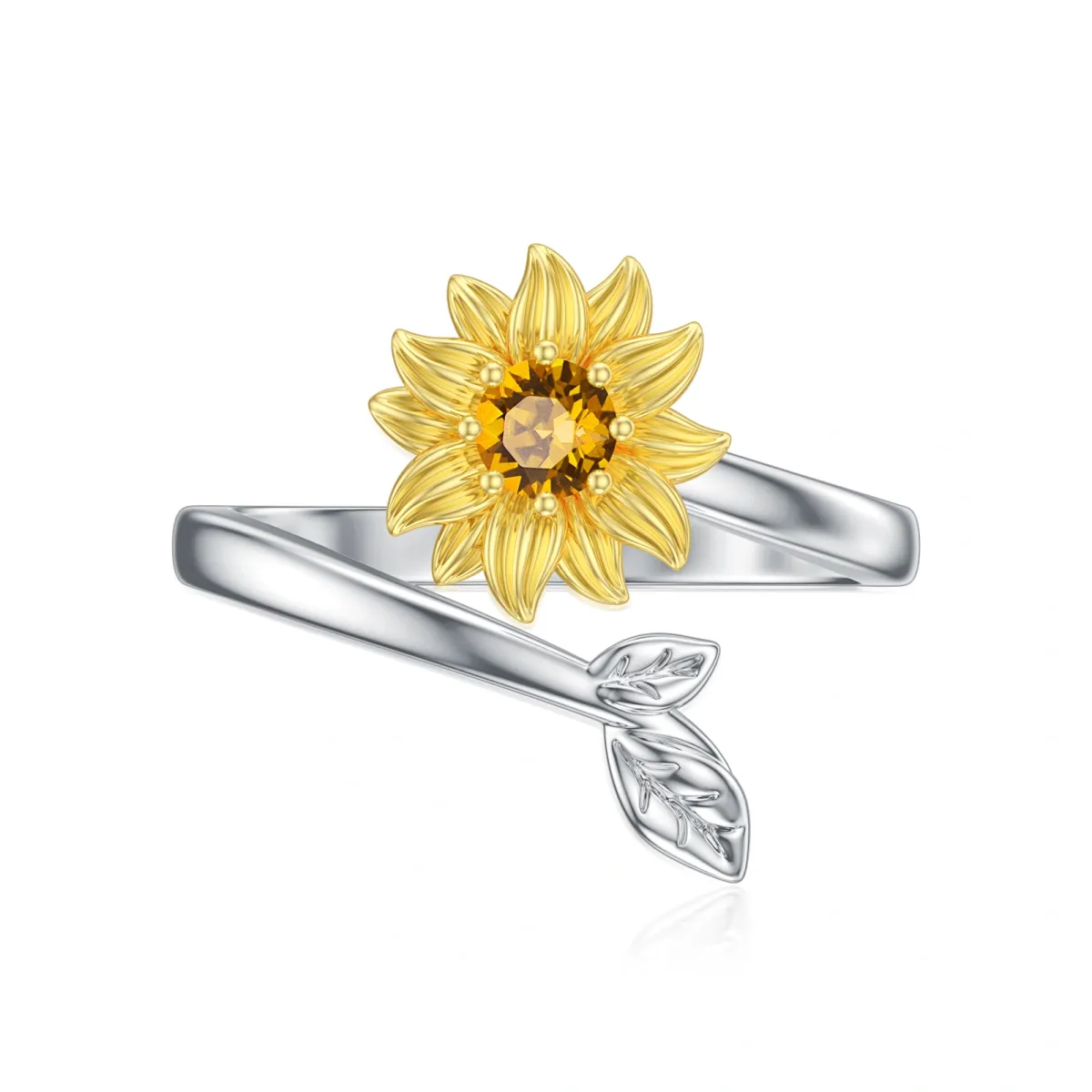 Sterling Silver Two-tone Circular Shaped Crystal Sunflower Open Ring-1