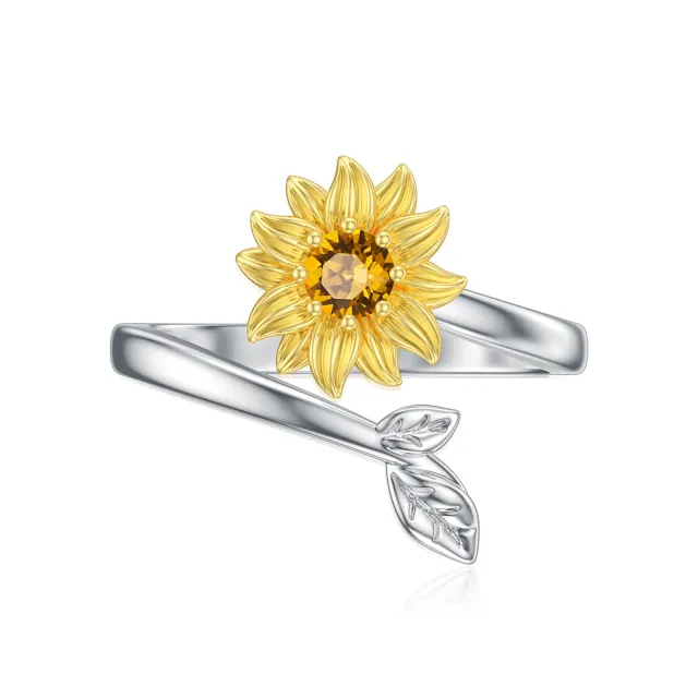 Sterling Silver Two-tone Circular Shaped Crystal Sunflower Open Ring-0