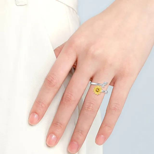 Zweifarbiger, runder offener Ring aus Sterlingsilber mit Sonnenblume-1