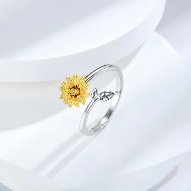 Sterling Silver Two-tone Circular Shaped Crystal Sunflower Open Ring-2
