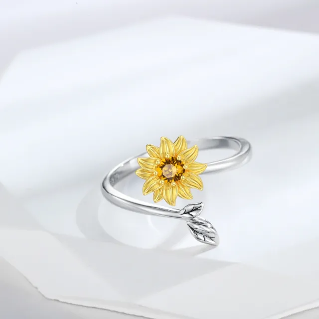 Sterling Silver Two-tone Circular Shaped Crystal Sunflower Open Ring-3
