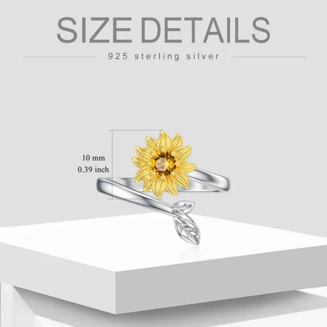 Sterling Silver Two-tone Circular Shaped Crystal Sunflower Open Ring-4