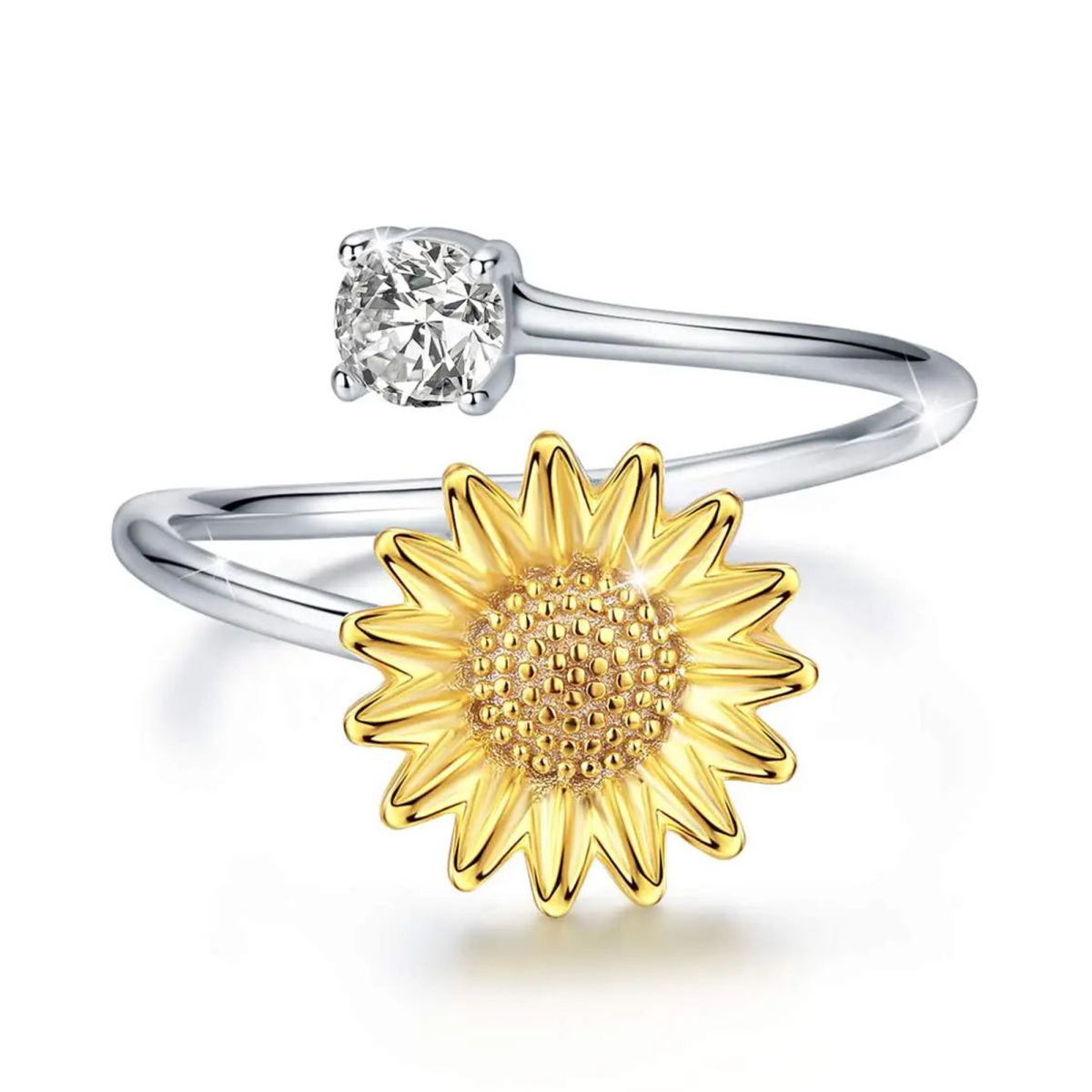 Sterling Silver Circular Shaped Cubic Zirconia Sunflower Open Ring-1