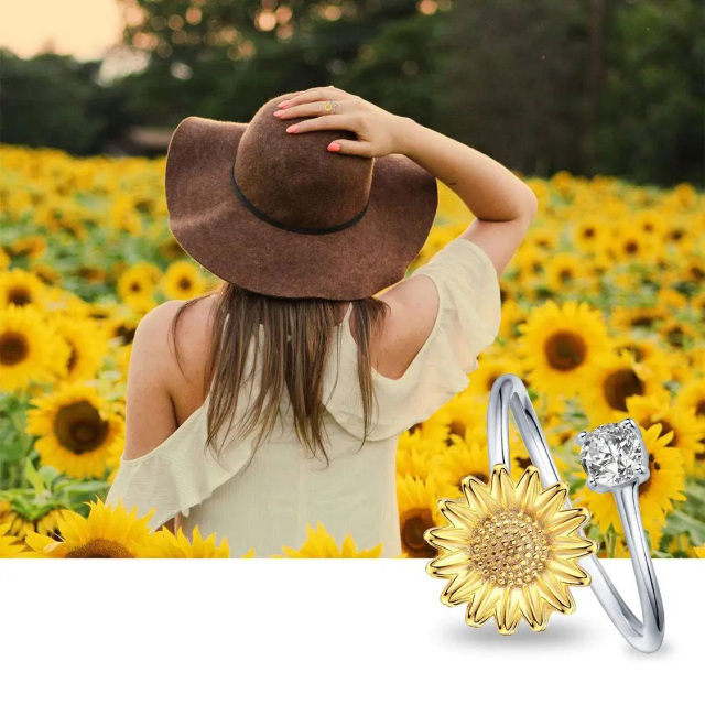 Sterling Silver Circular Shaped Cubic Zirconia Sunflower Open Ring-3