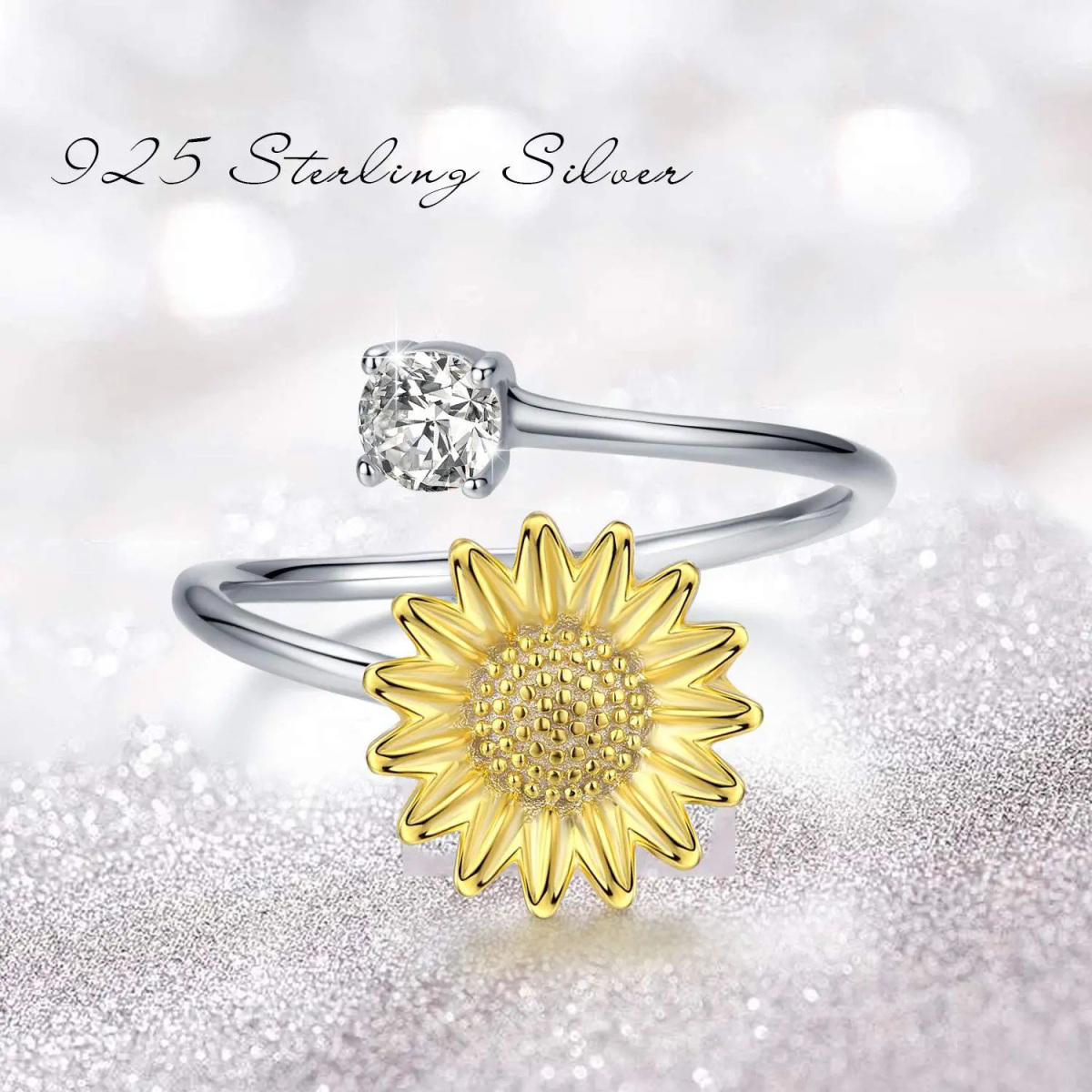 Bague ouverte en argent sterling avec zircon cubique en forme de tournesol-5