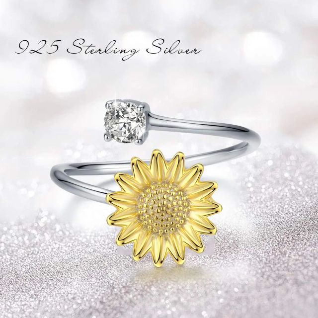 Sterling Silver Circular Shaped Cubic Zirconia Sunflower Open Ring-4