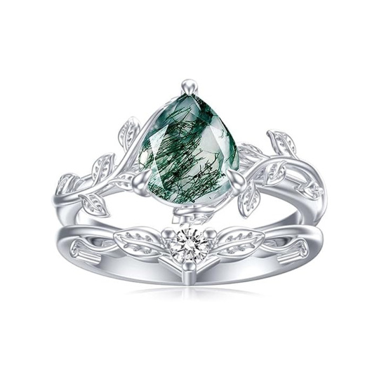 Sterling Silver Moss Agate Leaves & Drop Shape Ring