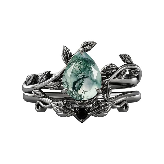 Sterling Silver Moss Agate Leaves & Drop Shape Ring-2