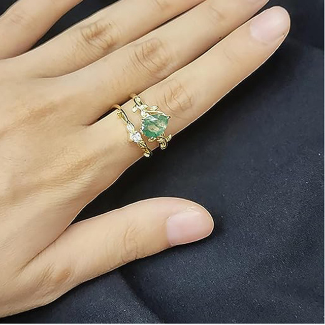 Sterling Silver Moss Agate Leaves & Drop Shape Ring-1