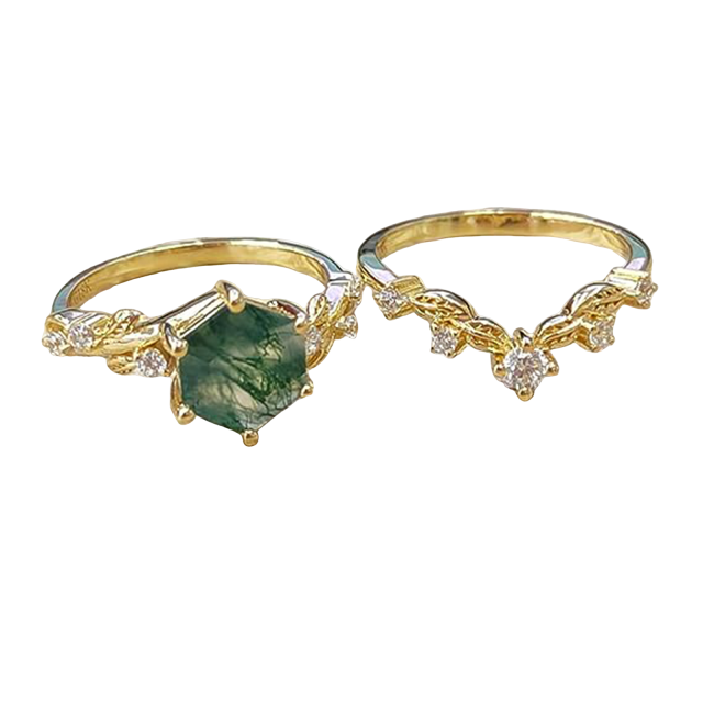 Sterling Silver with Yellow Gold Plated Moss Agate & Personalized Engraving Ivy Engagement Ring-0