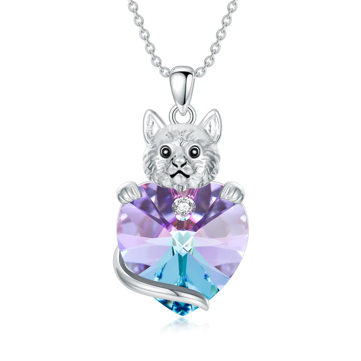 Collar de plata de ley con colgante de corazón de gato y corazón de cristal-1