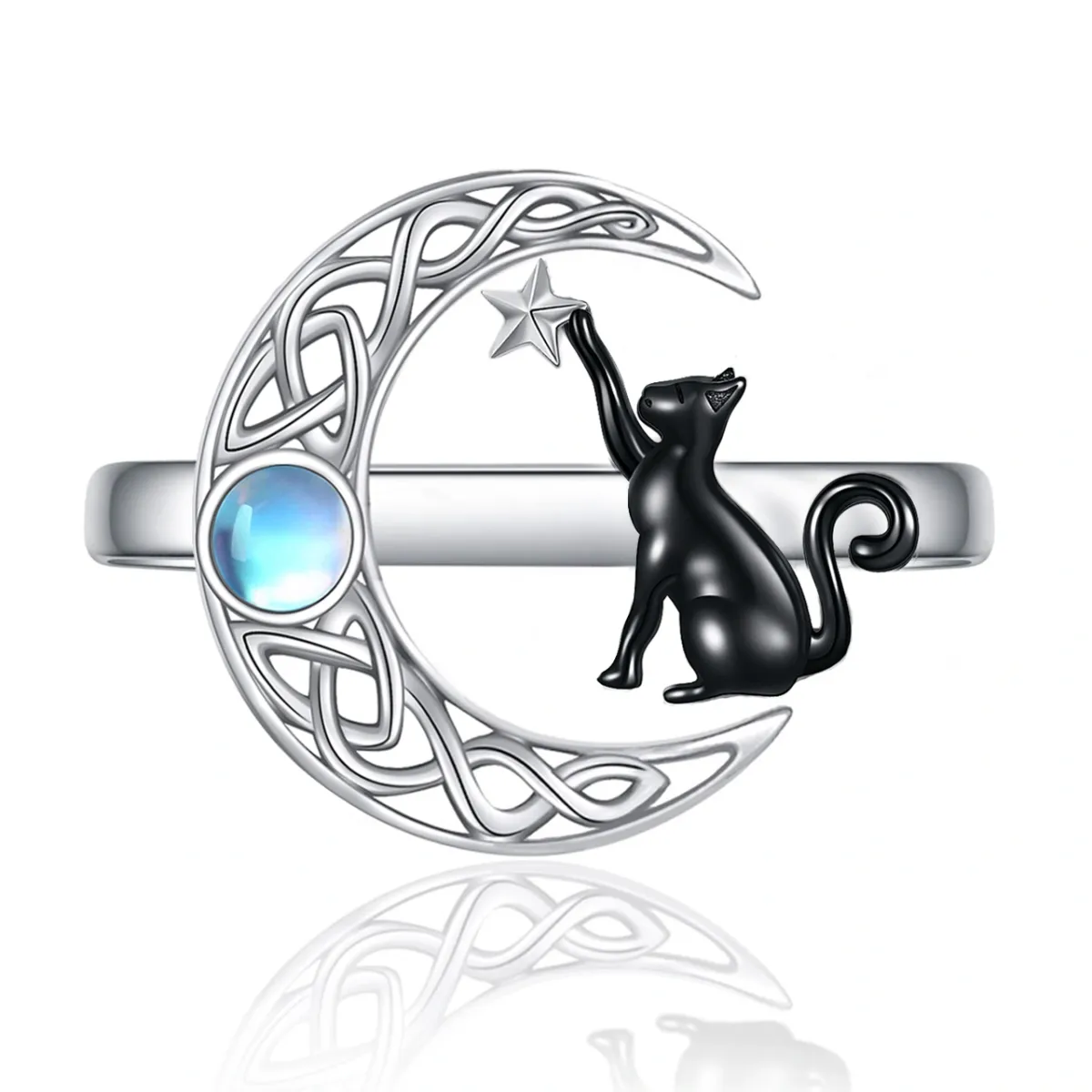 Bague ouverte en argent sterling bicolore en forme circulaire de pierre de lune chat & nœu-1