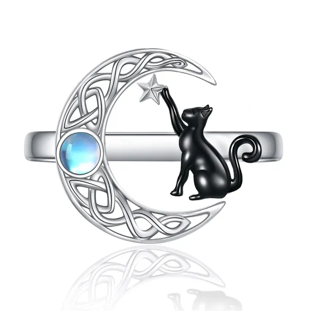 Sterling Silver Two-tone Circular Shaped Moonstone Cat & Celtic Knot & Moon & Star Open Ring-1