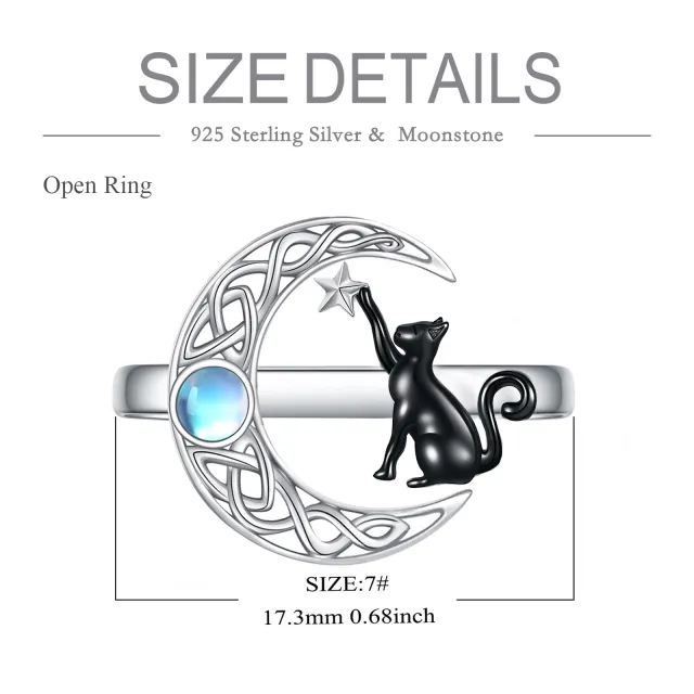 Sterling Silver Two-tone Circular Shaped Moonstone Cat & Celtic Knot & Moon & Star Open Ring-3