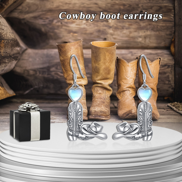 Boucles d'oreilles pendantes en forme de botte de cowboy en pierre de lune, bijoux cadeaux en argent sterling-2