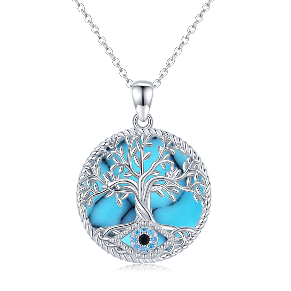 Sterling Silver Turquoise Tree Of Life Pendant Necklace-1