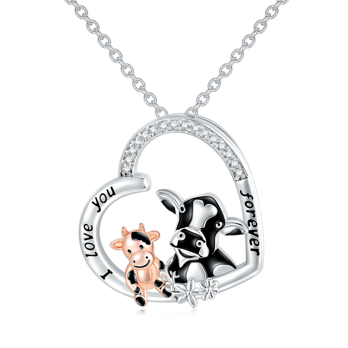 Collier en argent sterling bicolore avec pendentif vache et coeur en zircon cubique et mot-1