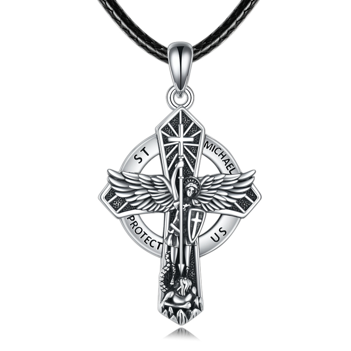 Sterling Silver Cross & Saint Michael Pendant Necklace with Engraved Word-1