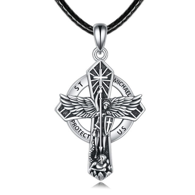 Sterling Silver Cross & Saint Michael Pendant Necklace with Engraved Word-0