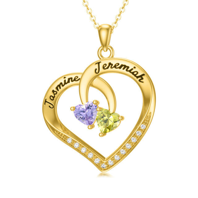 10K Gold Cubic Zirconia Heart Personalized Name and Birthstone Pendant Necklace-0