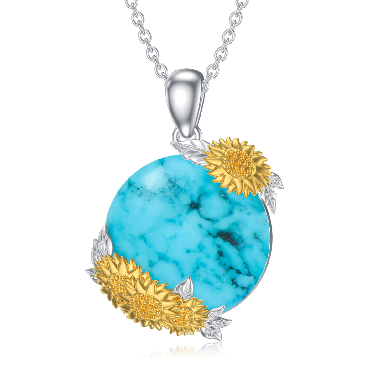 Sterling Silver Two-tone Round Turquoise Sunflower Pendant Necklace-1