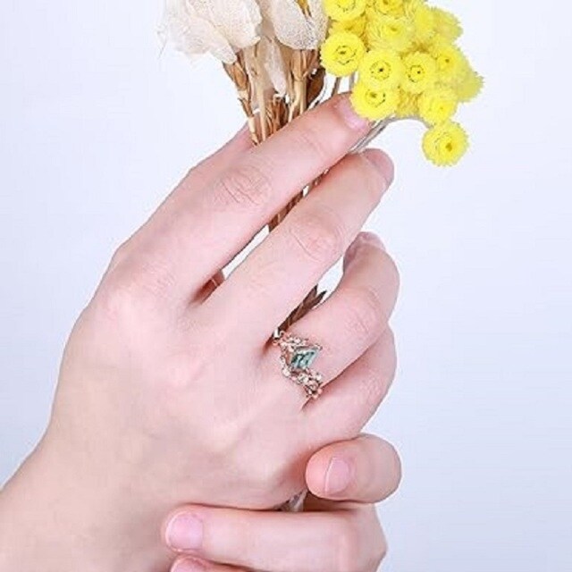 Anel de noivado de ágata musgo natural 1ct prata personalizado inspirado folha anel de noivado-1
