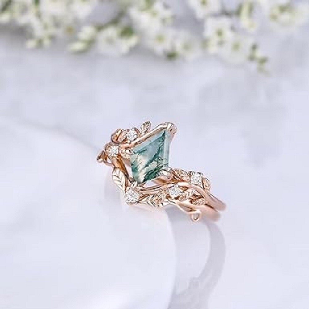 Sterling Silver with Rose Gold Plated Moss Agate Leaves Engagement Ring-5