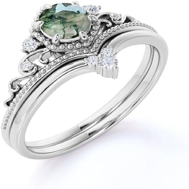 Sterling Silver Moss Agate Classic Name Engagement Ring-2