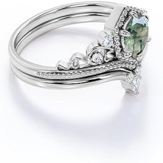 Anel de noivado personalizado com coroa de prata 0,5-0,8 quilates de ágata musgo verde natural 925-3